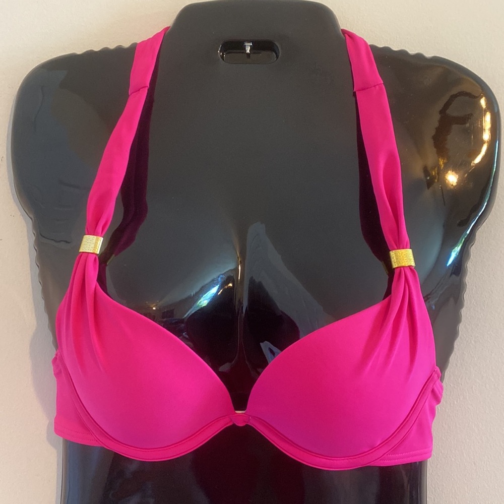 EUC 34A Push-Up Halter Tie Smart & Sexy Bikini Top Neon Hot Pink Bra Adj Band